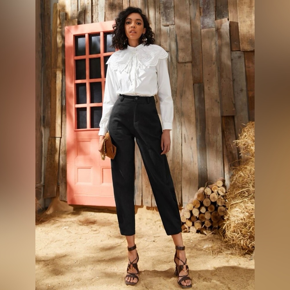 Solid Black High Waist Slant Pocket Dress Pant